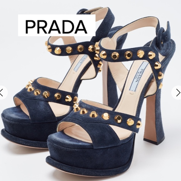 PRADA Navy with Gold studs platform sandal, 37/'7   GD1155 - Picture 1 of 9
